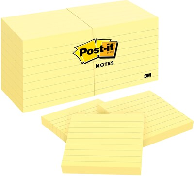 Post-it Notes, 3" x 3", Canary Collection, Lined, 100 Sheet/Pad, 12 Pads/Pack (63012PK)