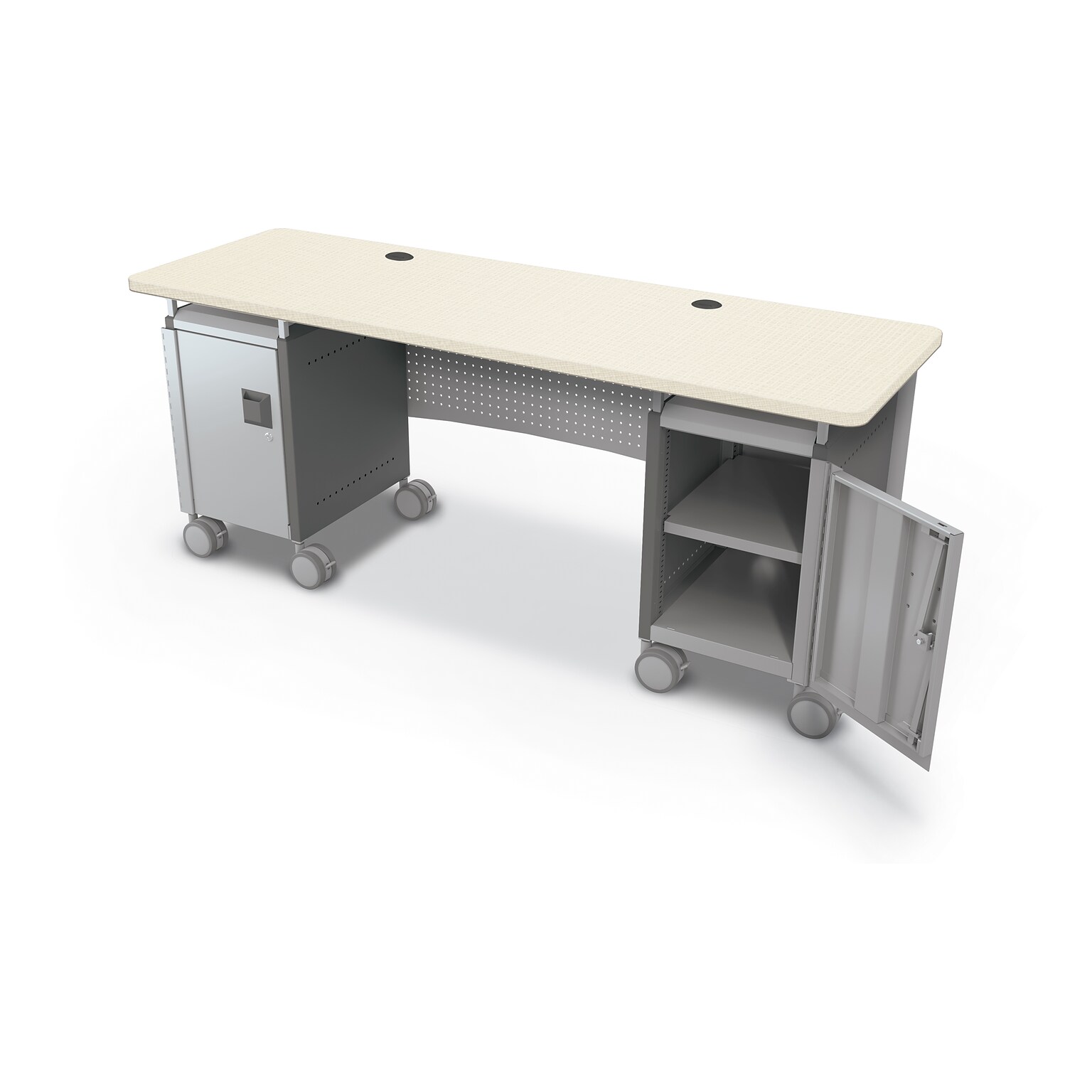 MooreCo Compass 72W Dual Cabinet Teacher Desk with Shelves, Neutral Weft (703673923361)