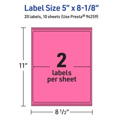 Avery Rectangle Laser/Inkjet Multipurpose Labels, 5" x 8-1/8", Bright Pink (20/Pack)