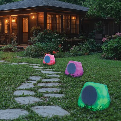ION Glow Stone Wireless Link Solar Bluetooth Multi-Sync Outdoor Rock Speaker w/LED Lights, Water Resistant (GLOWSTNLINKXUS)