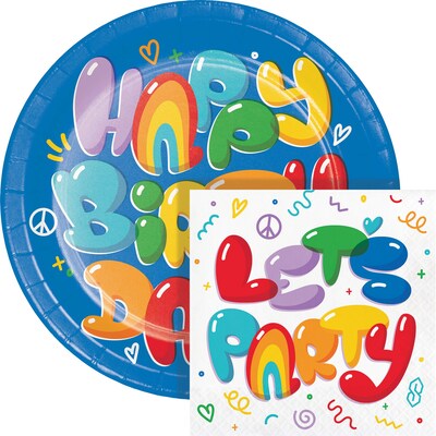 Creative Converting Bubbly Birthday Plates and Napkins Kit, Multicolored, Serves 16 (DTC9502E2G)