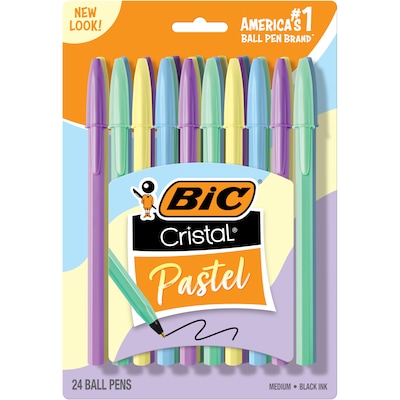 BIC Cristal Pastel  Ballpoint Pen, Medium Point, Black Ink, 24/Pack (MSPAP24-BLK)