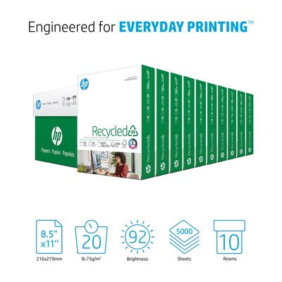 HP Recycled 8.5 x 11 Multipurpose Paper, 20 lbs., 92 Brightness, 5000 Sheets/Carton (HPE1120)