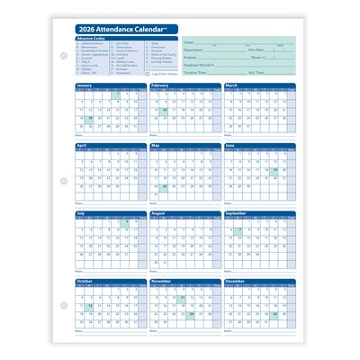 ComplyRight 2026 Attendance Calendar Card, 50 Forms/Pack (A4000W50)
