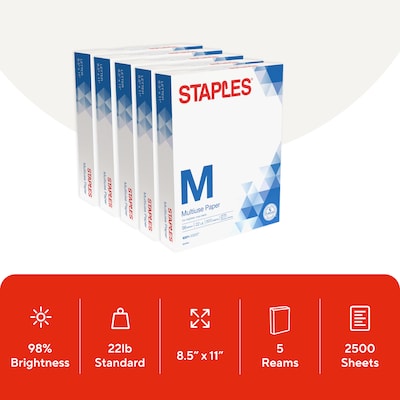 Staples 8.5 x 11 Multipurpose Paper, 22 lbs., 98 Brightness, 2500/Carton (16345-US)