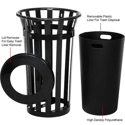 Global Industrial Outdoor Slatted Steel Trash Can w/ Flat Lid & Liner, 24 Gallon, Black (237725BK)