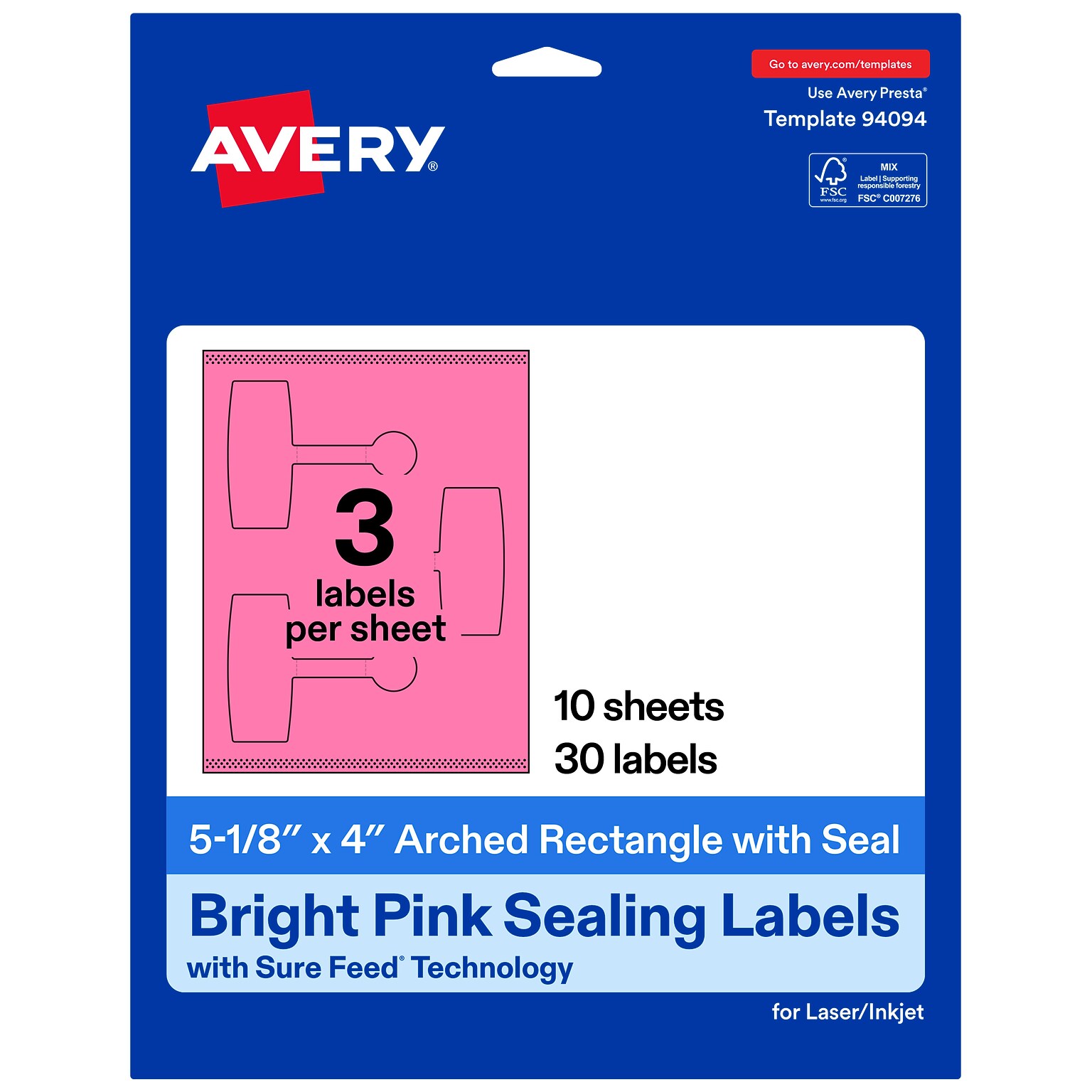 Avery Laser/Inkjet Multipurpose Labels, 5-1/8 x 4, Bright Pink, 30 Labels/Pack (19479370724)