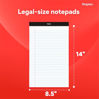 Staples Notepads, 8.5" x 14" (legal), Wide Ruled, White, 50 Sheets/Pad, Dozen Pads/Pack (ST57342)