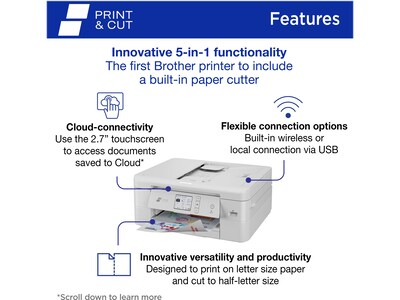 Brother Print & Cut MFC-J1800DW Wireless Color All-in-One Inkjet Printer w/ Auto Paper Cutter, Refre