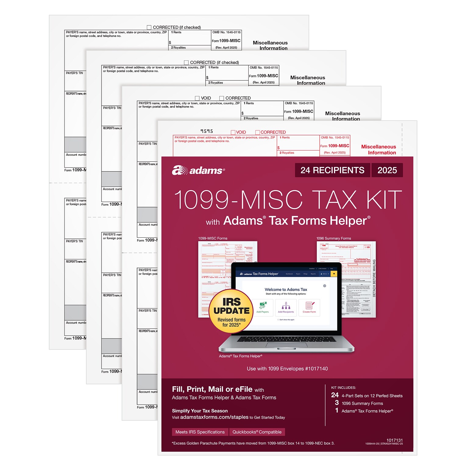 Adams 2025 1099-MISC Tax Forms Kit, 4-Part, 2-Up, A, 1, B & 2, 24/Pack (STAX5241MISC-25)