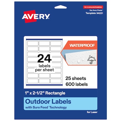 Avery Waterproof Rectangle Laser Multipurpose Labels, 1 x 2.5, White, 600/Pack (19479399249)