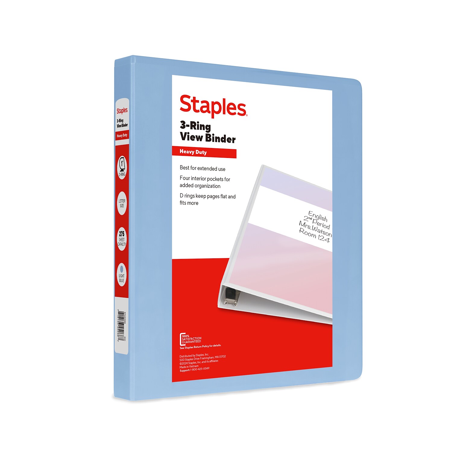 Staples Heavy Duty 1 3-Ring View Binder, D-Ring, Light Blue (ST63088)
