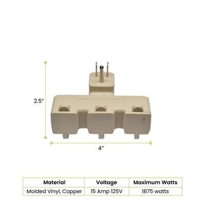 GoGreen Power 3-Outlet Tri Tap Adapter with Covers, Beige (GG-03431BE)