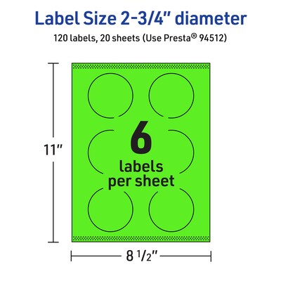 Avery Laser/Inkjet Multipurpose Circle Labels, 2.75" Dia., Neon Green, 120/Pack (94512)