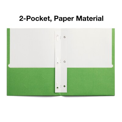 Staples Smooth 2-Pocket Paper Folder with Fasteners, Green, 25/Box (50773/27541-CC)