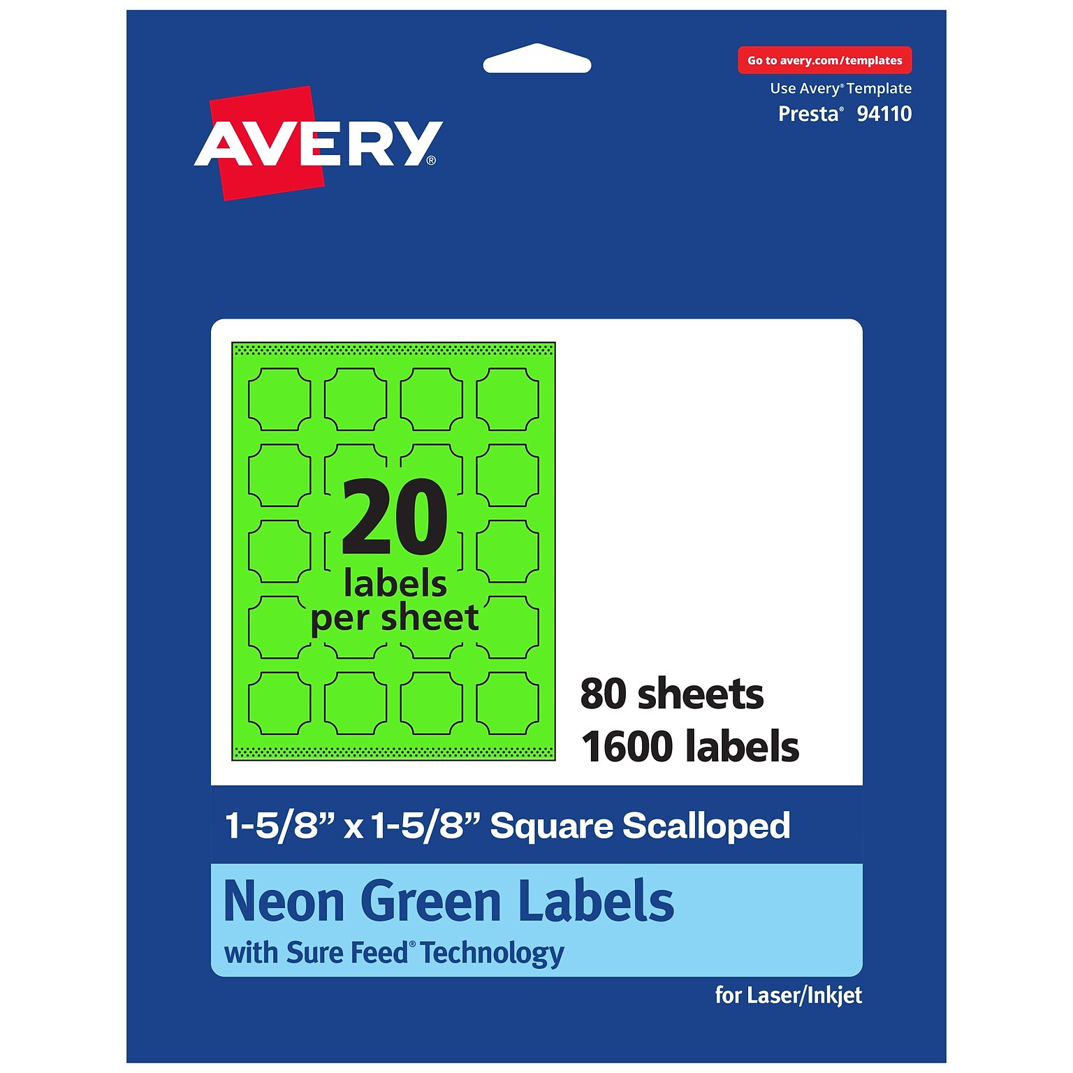 Avery Decorative Edge Multipurpose Labels, 1-5/8 x 1-5/8, Neon Green, 1600/Box (94110)
