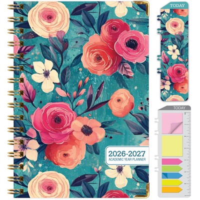 2026-2027 Excello Brands 8 x 5.5 Academic Weekly & Monthly Planner, Paperboard Cover, Teal Floral (FSHN-AY26-58-17)