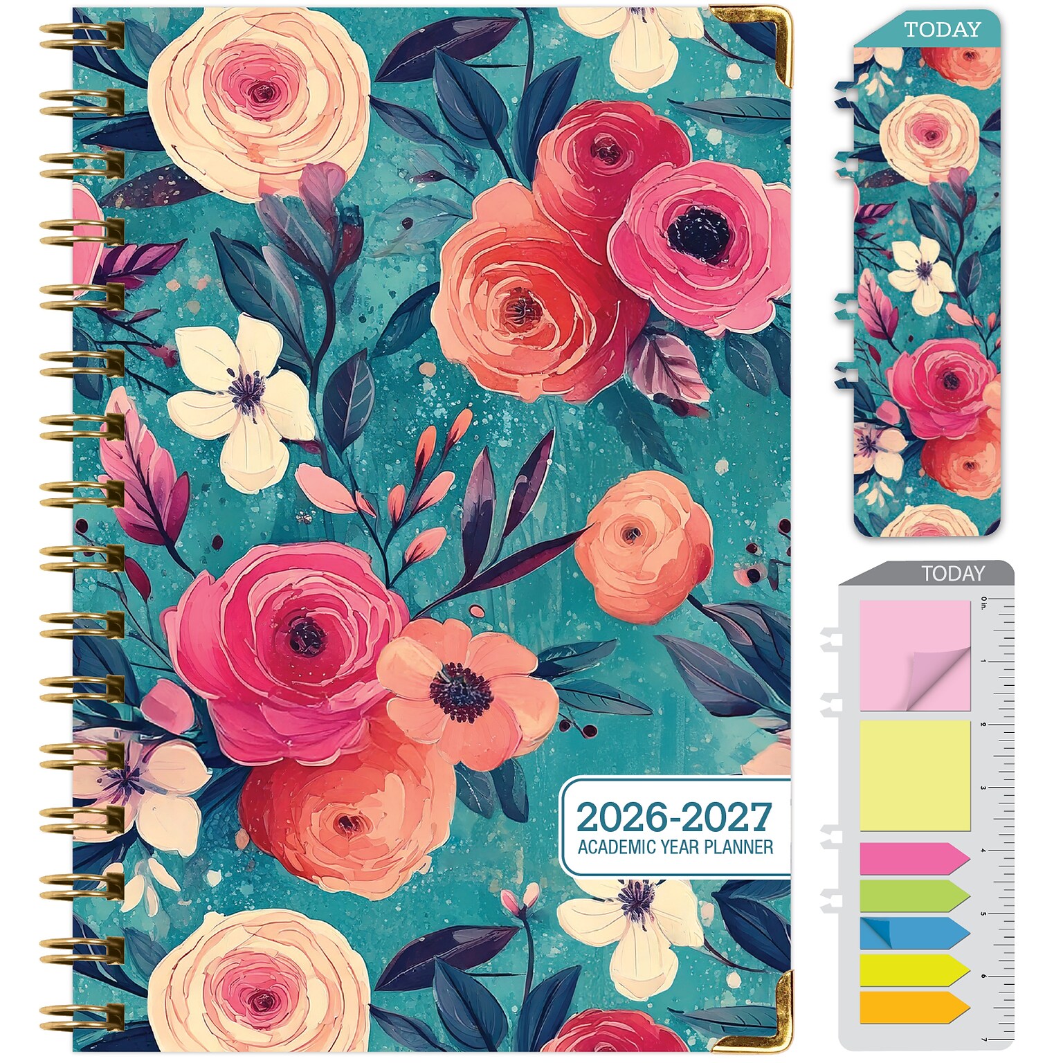 2026-2027 Excello Brands 8 x 5.5 Academic Weekly & Monthly Planner, Paperboard Cover, Teal Floral (FSHN-AY26-58-17)