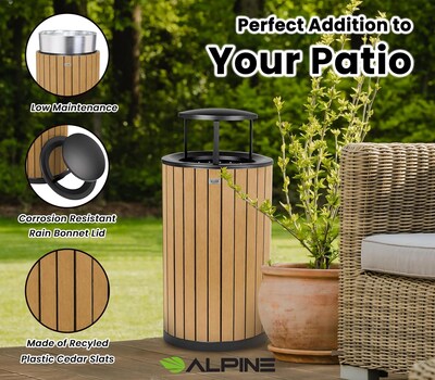 Alpine Industries Steel Outdoor Trash Can with Rain Bonnet Lid, 32 Gallon, Cedar (ALP4400-01-CD-RB)