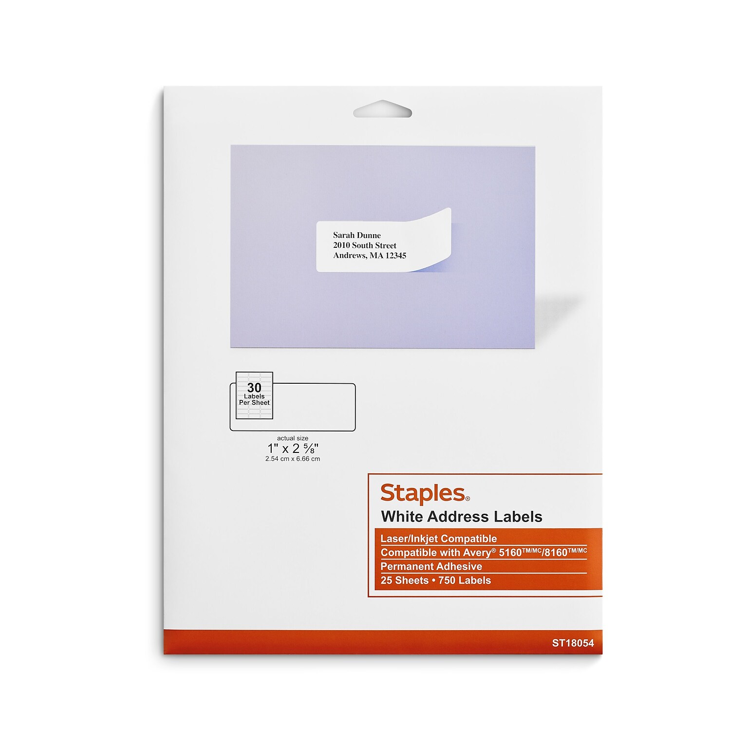 Staples® Laser/Inkjet Address Labels, 1 x 2 5/8, White, 30 Labels/Sheet, 25 Sheets/Pack, 750 Sheets/Box (ST18054-CC)