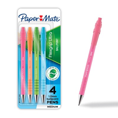 Paper Mate FlexGrip Ultra Retractable Ballpoint Pen, Medium Point, 1.0mm, Black Ink, 4/Pack (2202864