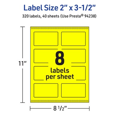 Avery Laser/Inkjet Rectangle Multipurpose Labels, 2" x 3.5", Neon Yellow, 320/Pack (94238)