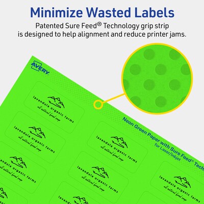 Avery Laser/Inkjet Multipurpose Rectangle Labels, 1" x 2", Neon Green, 1920/Box (94220)