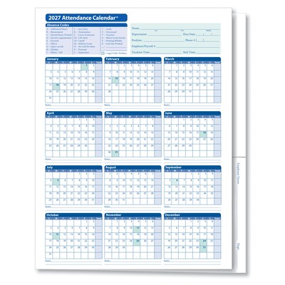 ComplyRight 2027 Attendance Calendar File Folder, 25 Forms/Pack (A3050)