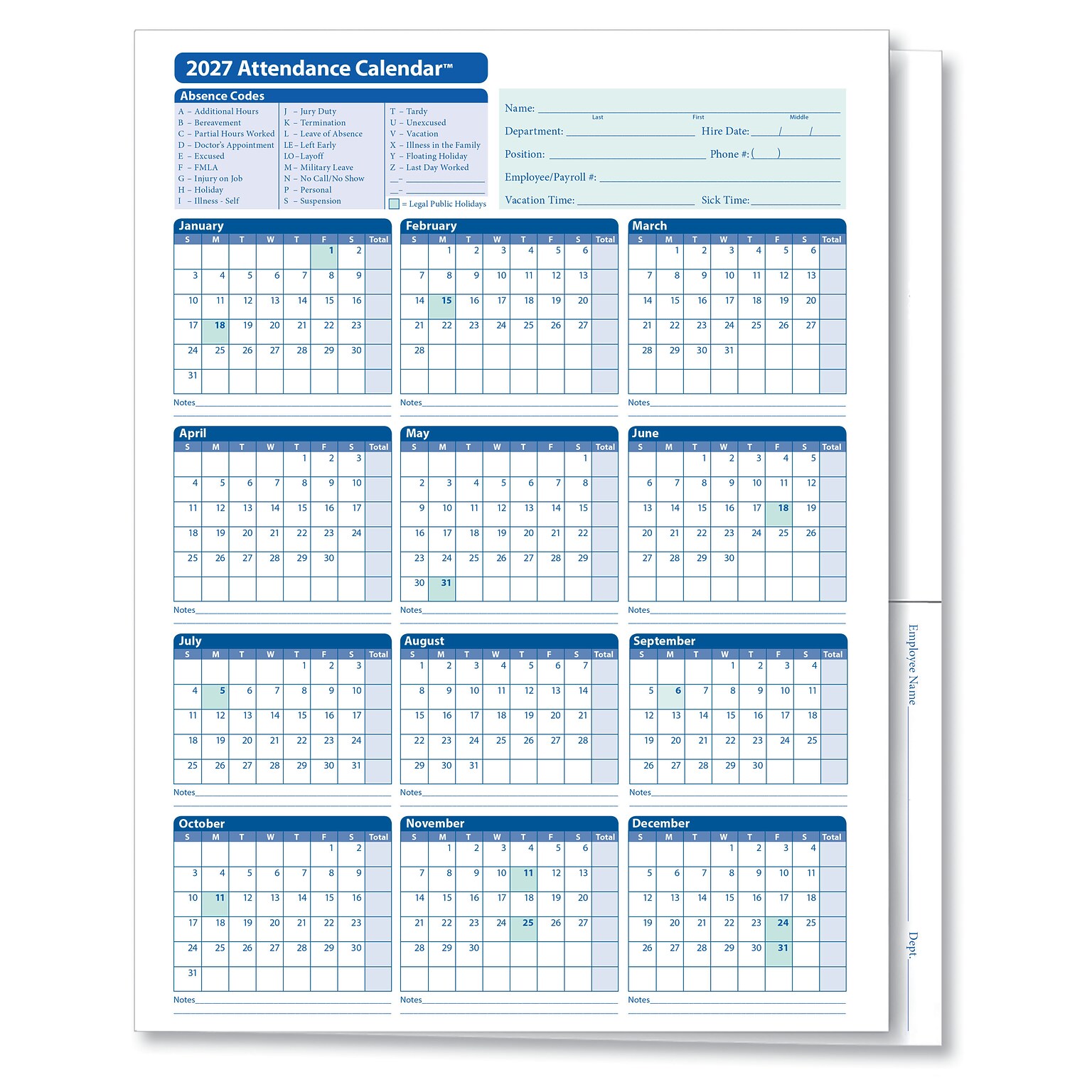 ComplyRight 2027 Attendance Calendar File Folder, 25 Forms/Pack (A3050)
