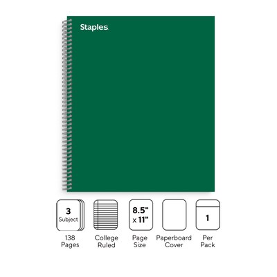 Staples® Premium 3-Subject Subject Notebooks, 8.5 x 11, College Ruled, 150 Sheets, Green (TR58362M