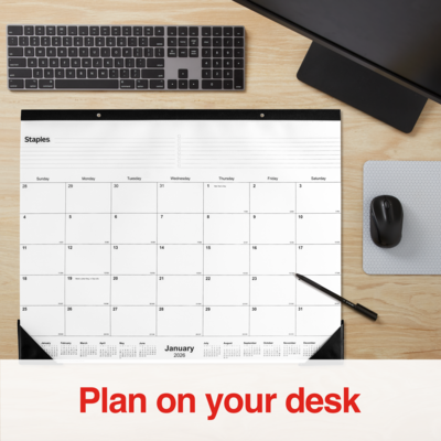2026 Staples 22" x 17" Monthly Desk Pad Calendar, Unlined, Black/White (ST58448-26)