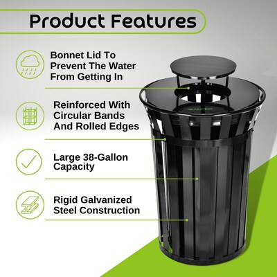 Alpine Industries Metal Outdoor Trash Can with Rain Bonnet Lid and Liner, 38 Gallon, Black (479-38-1)