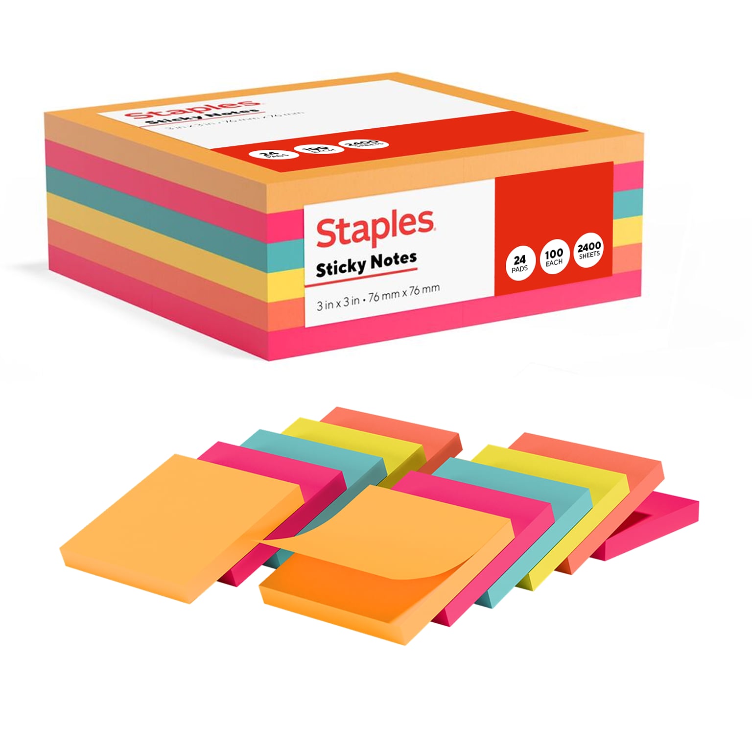 Staples Sticky Notes, 3 x 3, Assorted Colors, 2400 Sheets – Everyday Self-Stick Notes for Reminders, Planning & Collaboration