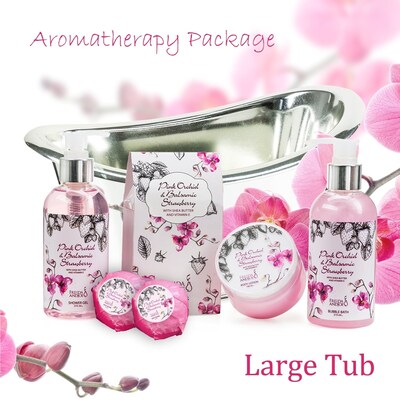Freida and Joe Pink Orchid & Strawberry Fragrance Bath & Body Spa Gift Set in a Silver Tub Basket (FJ-114)