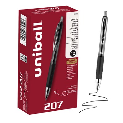 uniball 207 Retractable Gel Pens, Medium Point, 0.7mm, Black Ink, Dozen (33950)