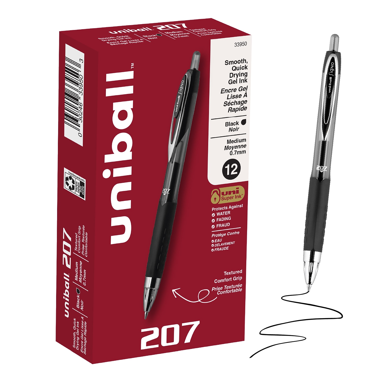 uniball 207 Retractable Gel Pens, Medium Point, 0.7mm, Black Ink, Dozen (33950)