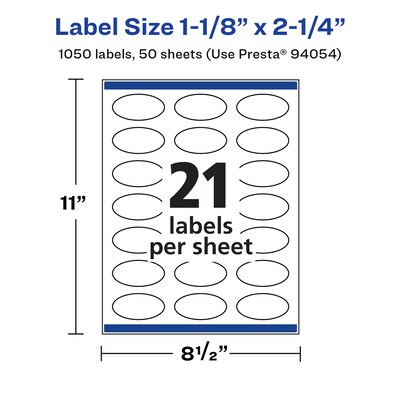 Avery Laser/Inkjet Multipurpose Oval Labels, 2.25" Dia, Glossy White, 1050/Box (94054)