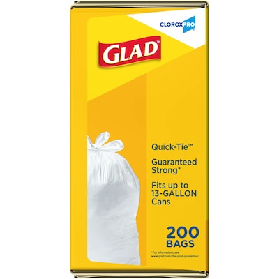 Glad Tall 13 Gallon Quick Tie Kitchen Trash Bag, White, 200 Total Bags (15931)