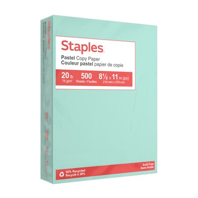 Staples Pastel Color Copy Paper, 20 lbs., 8.5 x 11, Turquoise, 500 Sheets/Ream