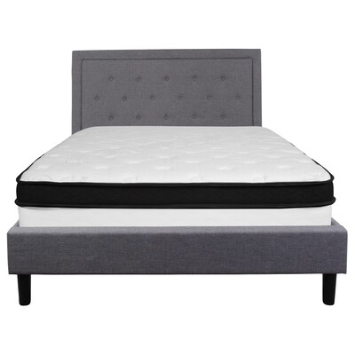 Flash Furniture Roxbury Tufted Upholstered Platform Bed in Light Gray Fabric with Memory Foam Mattress, Queen (SLBMF27)