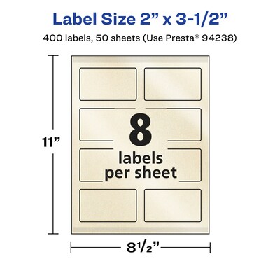 Avery Laser/Inkjet Rectangle Pearlized Labels, 2" x 3.5", Ivory, 400 Labels/Box (94238)