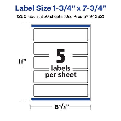 Avery Laser/Inkjet Multipurpose Labels, 1.75" x 7.75", White, 5 Labels/Sheet, 250 Sheets/Pack (94232-WMP250)