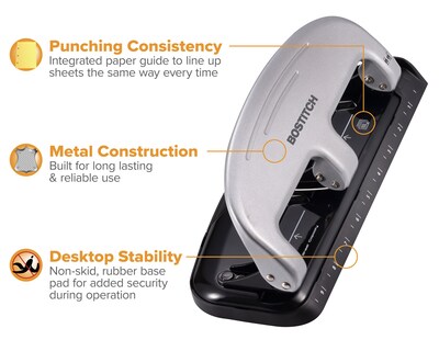 Bostitch EZ Squeeze 3-Hole Punch, 20-Sheet Capacity, Silver/Black (ACI2220)