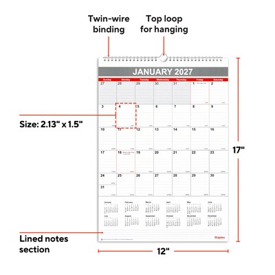 2027 Staples 12 x 17 Monthly Wall Calendar, White/Red/Gray (ST53913-27)