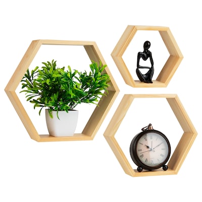 Mind Reader 3-Shelf Bamboo Mouted Honeycomb Hexagon Floating Shelves, 12 x 3.13 x 13.75 (WWALL3PC