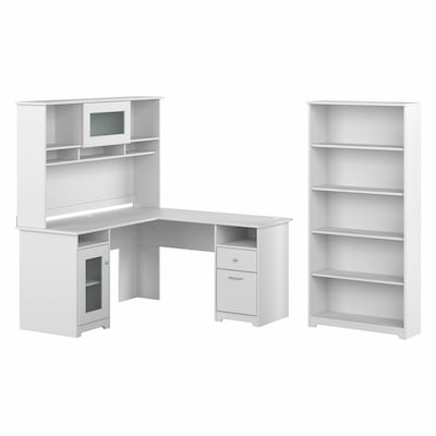 Bush Furniture Cabot 60"W L Shaped Computer Desk with Hutch and 5 Shelf Bookcase, White (CAB011WHN)