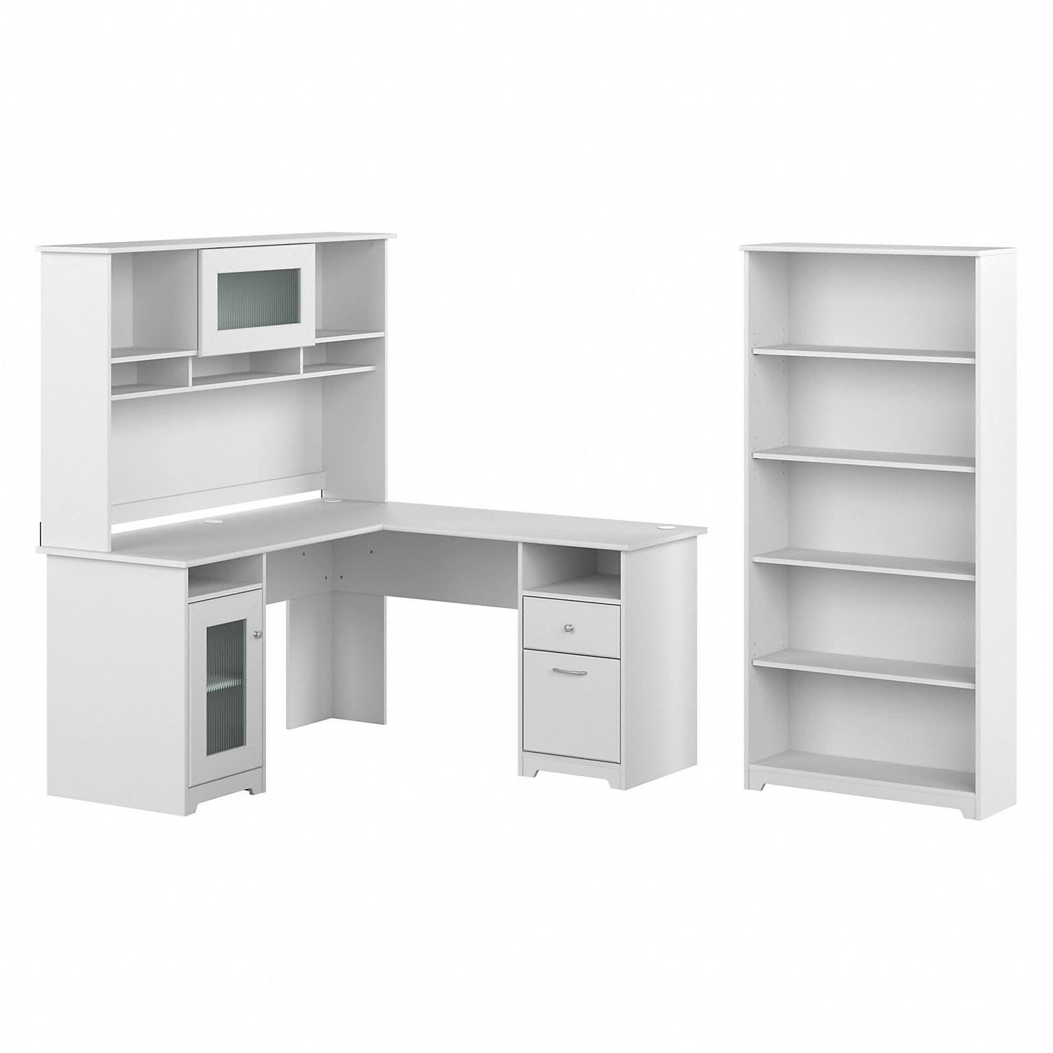 Bush Furniture Cabot 60W L Shaped Computer Desk with Hutch and 5 Shelf Bookcase, White (CAB011WHN)