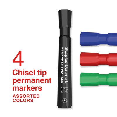 Staples Duramark Tank Permanent Marker, Chisel Tip, Assorted, 4/Pack (ST62929)