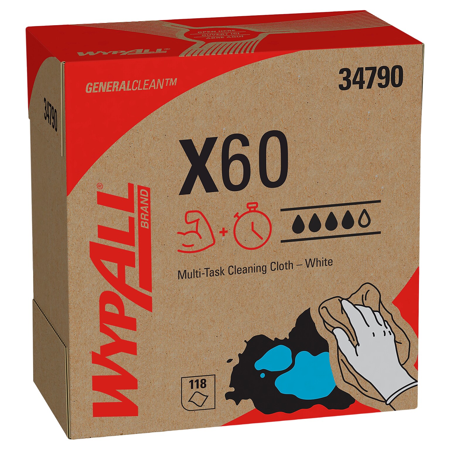 WypAll GeneralClean X60 Fabric Cleaning Wipers, 16.8 x 9.1, White, 118 Wipers/Box (34790)