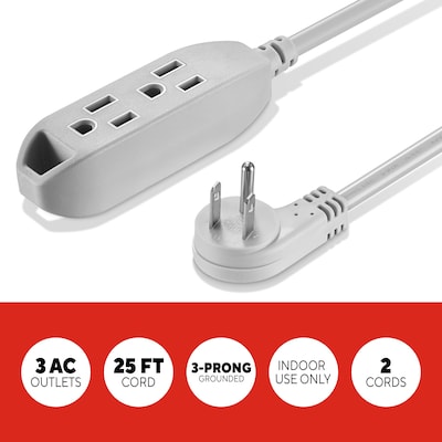 Staples TECH 25 Extension Cord, 3-Outlet, 16 AWG, Gray, 2/Pack (ST62346)